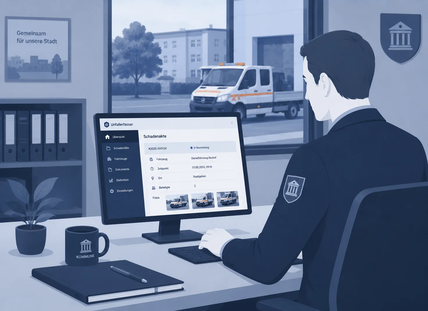 Mitarbeiter im öffentlichen Sektor bearbeitet eine digitale Schadenakte