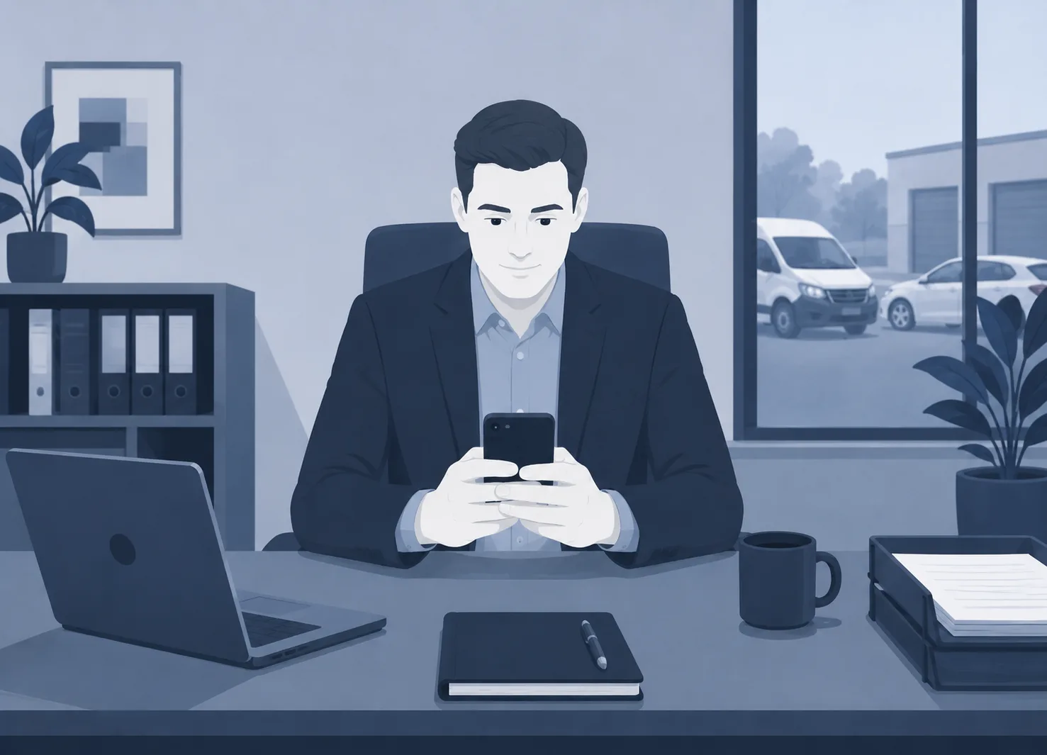 Unternehmer im Büro nutzt die Unfallerfasser-App auf dem Smartphone