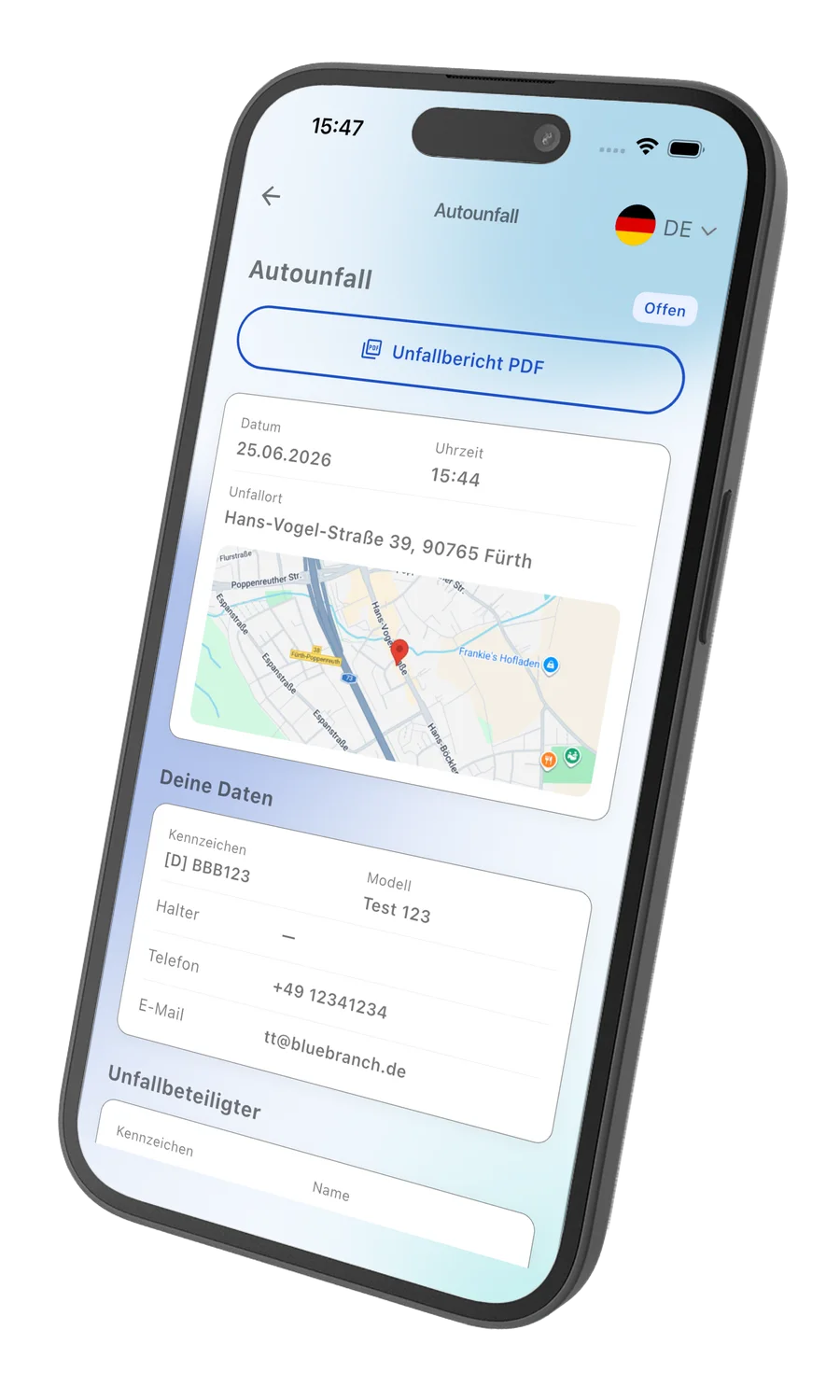 Unfallerfasser App mit strukturiertem Unfallbericht