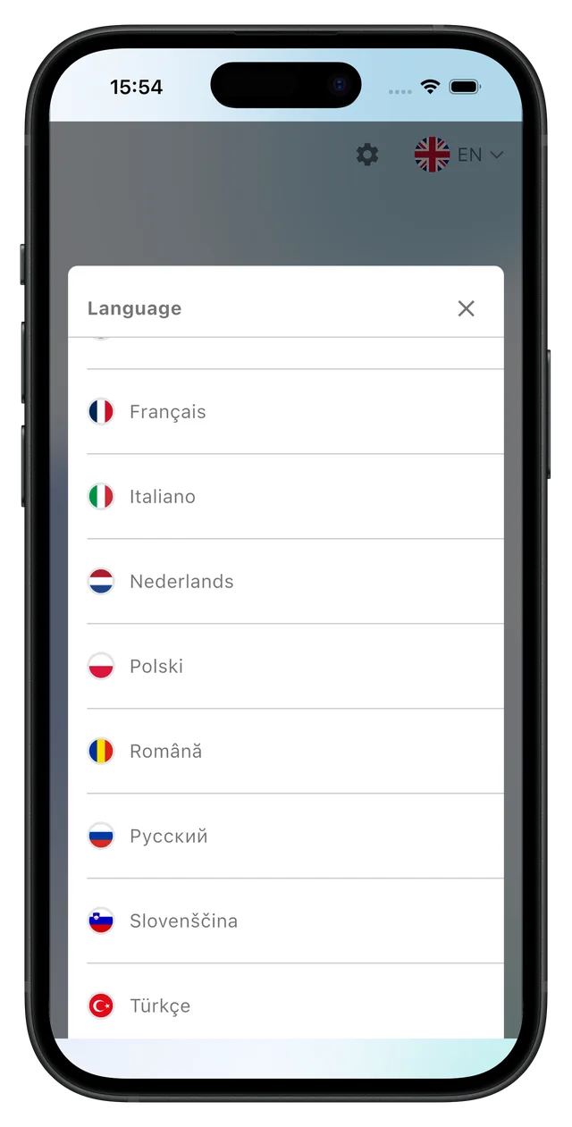 Sprachauswahl in der Unfallerfasser App