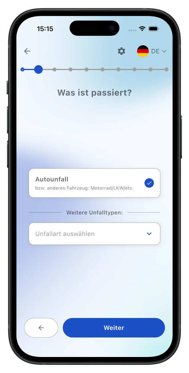 Schritt 2: Unfallart auswählen